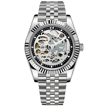 Crown Date Skeleton Silver – ročno sestavljena ura po meri, ohišje iz 316L jekla 36 / 40 mm