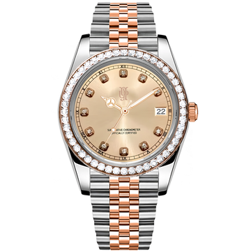 Crown Date Rose Diamond – ročno sestavljena ura po meri, ohišje iz 316L jekla 36 / 40 mm