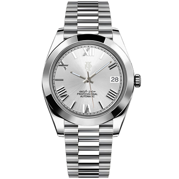 Crown Date Silver Roman – ročno sestavljena ura po meri, ohišje iz 316L jekla 36 / 40 mm
