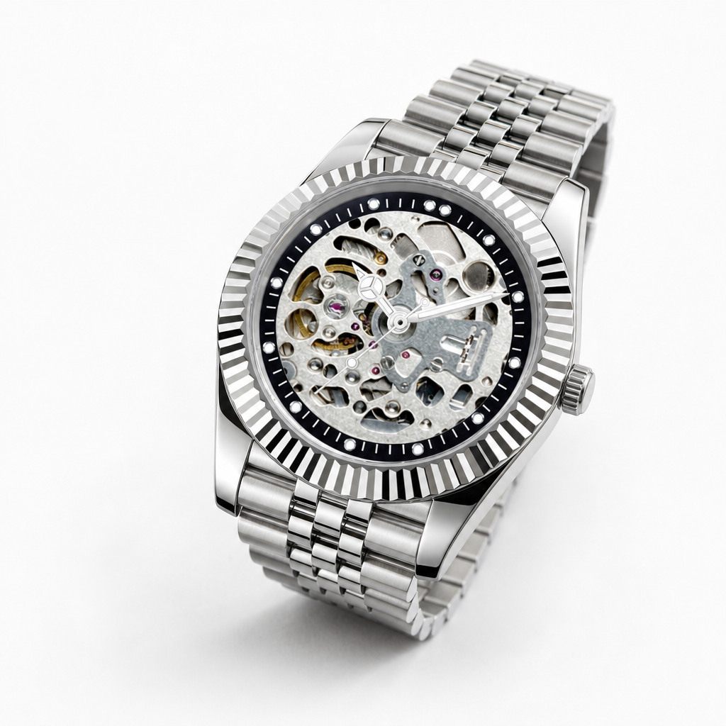Crown Date Skeleton Silver – ročno sestavljena ura, studijski posnetek