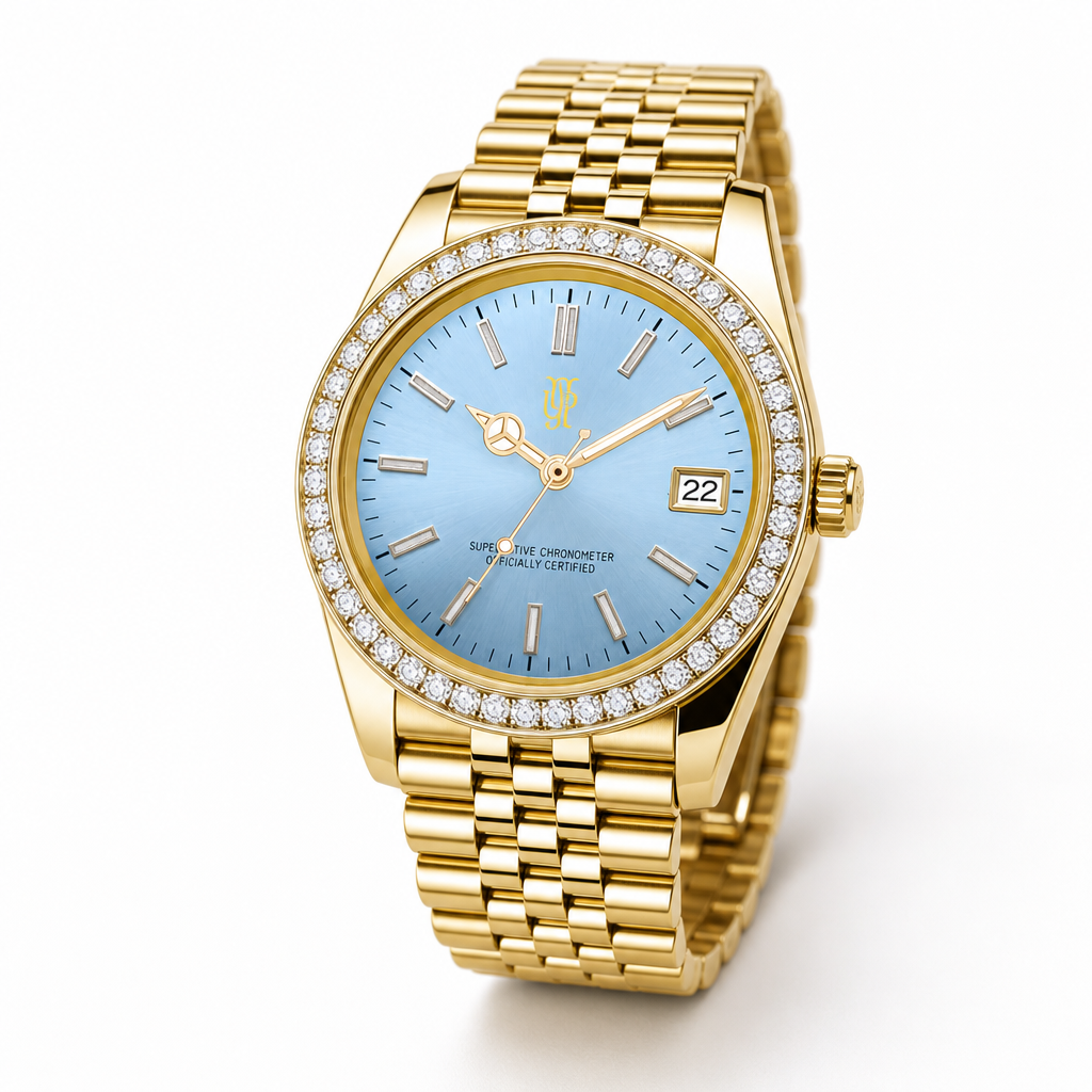 Crown Date Sky Diamond – ročno sestavljena ura, studijski posnetek