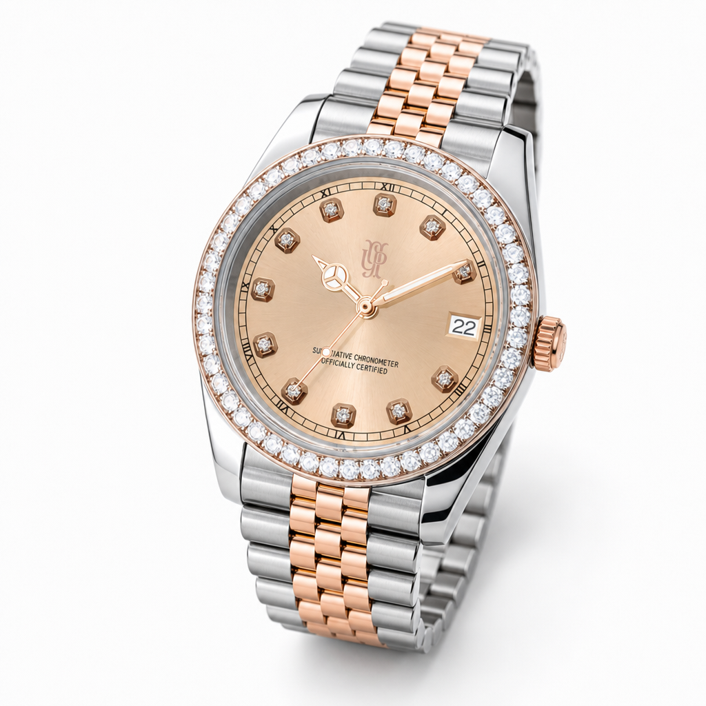 Crown Date Rose Diamond – ročno sestavljena ura, studijski posnetek