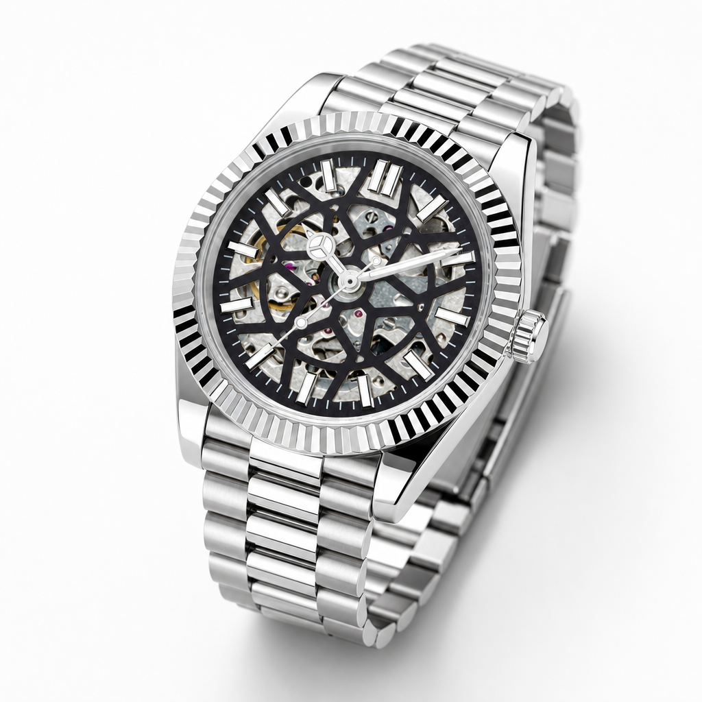 Crown Date Skeleton Web – ročno sestavljena ura, studijski posnetek