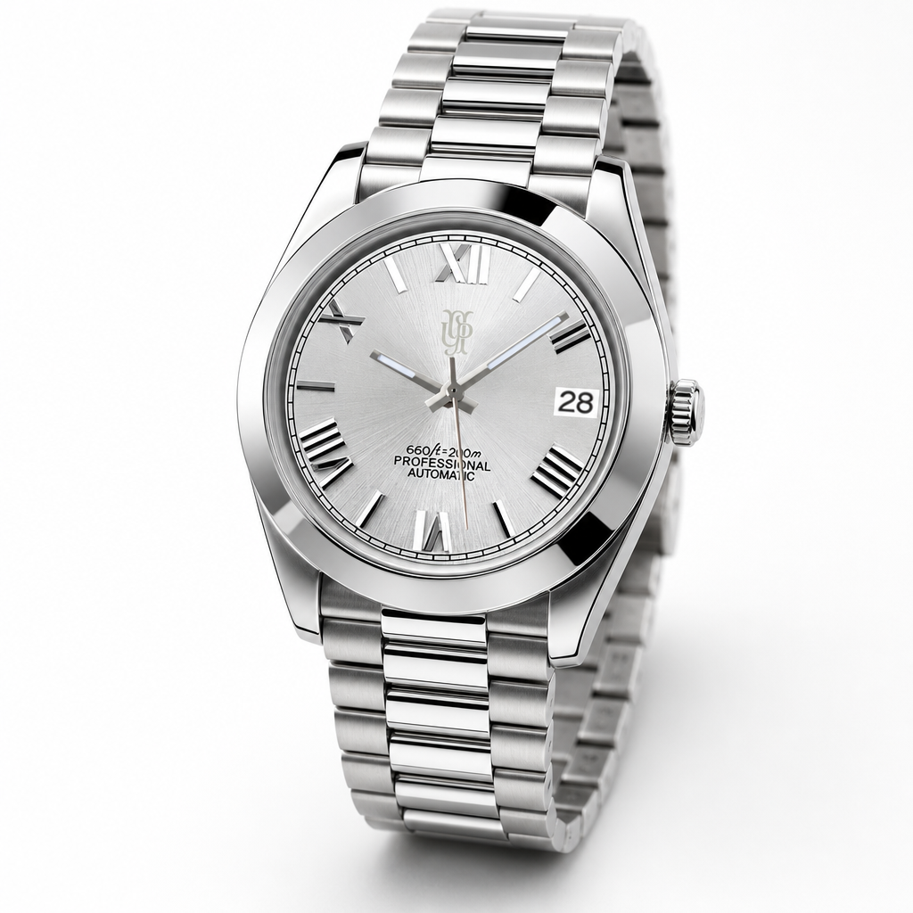 Crown Date Silver Roman – ročno sestavljena ura, studijski posnetek