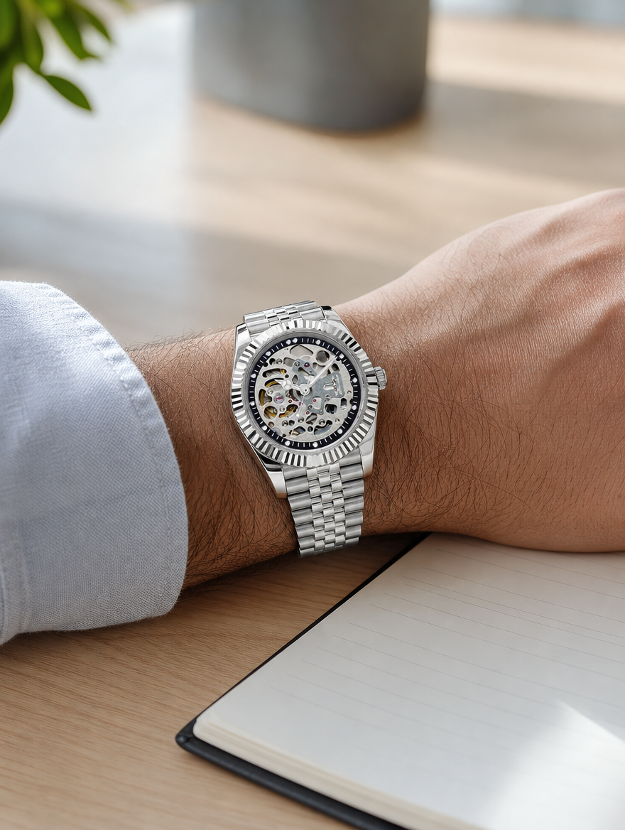 Crown Date Skeleton Silver na zapestju
