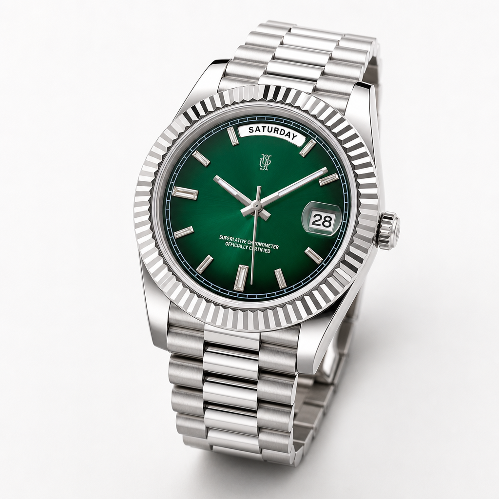 Daylux Emerald Horizon – ročno sestavljena ura, studijski posnetek