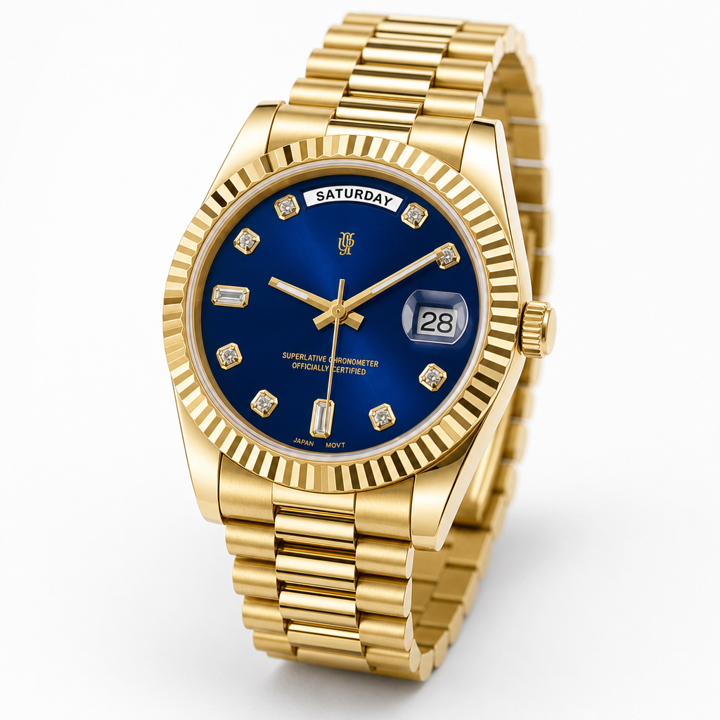 Daylux Royal Blue – ročno sestavljena ura, studijski posnetek