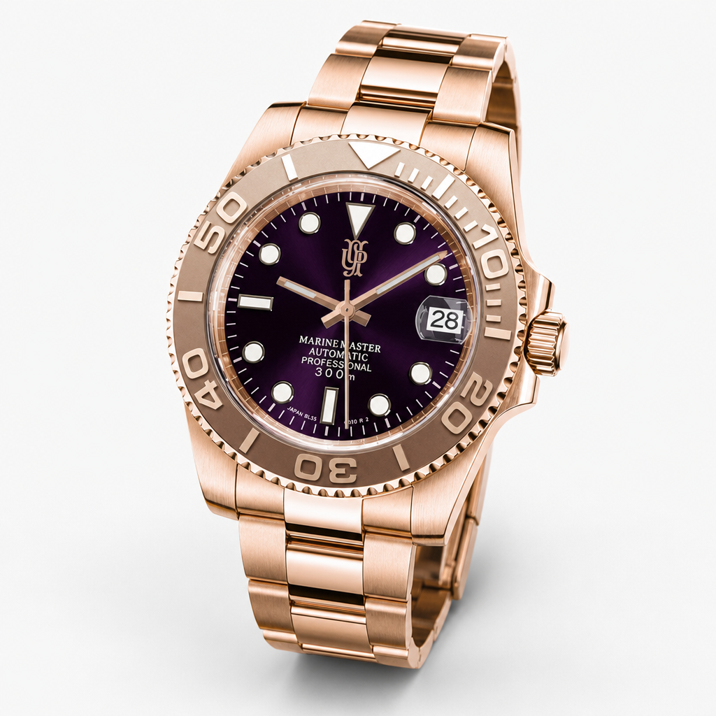 Devaron Rose Gold Purple – ročno sestavljena potapljaška ura, studijski posnetek