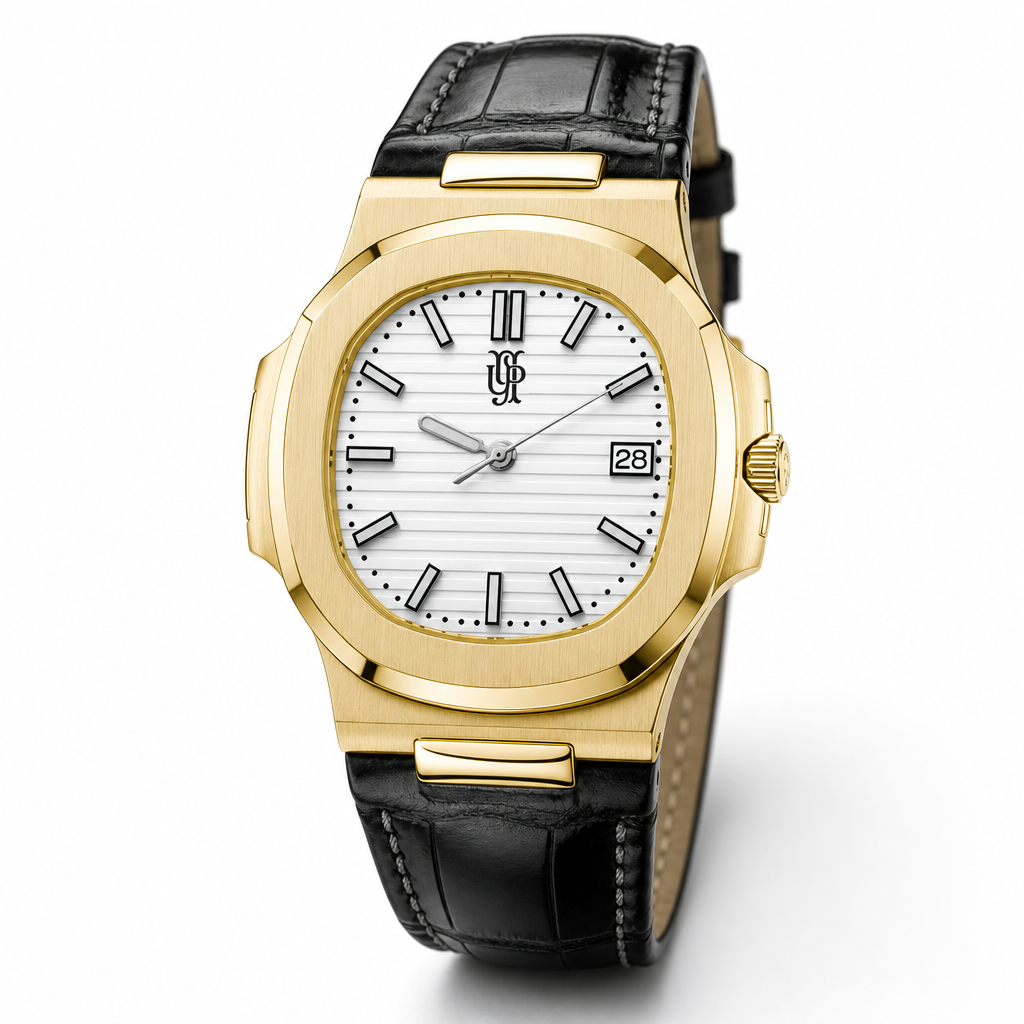 Nautora Gold White Leather – ročno sestavljena ura, studijski posnetek