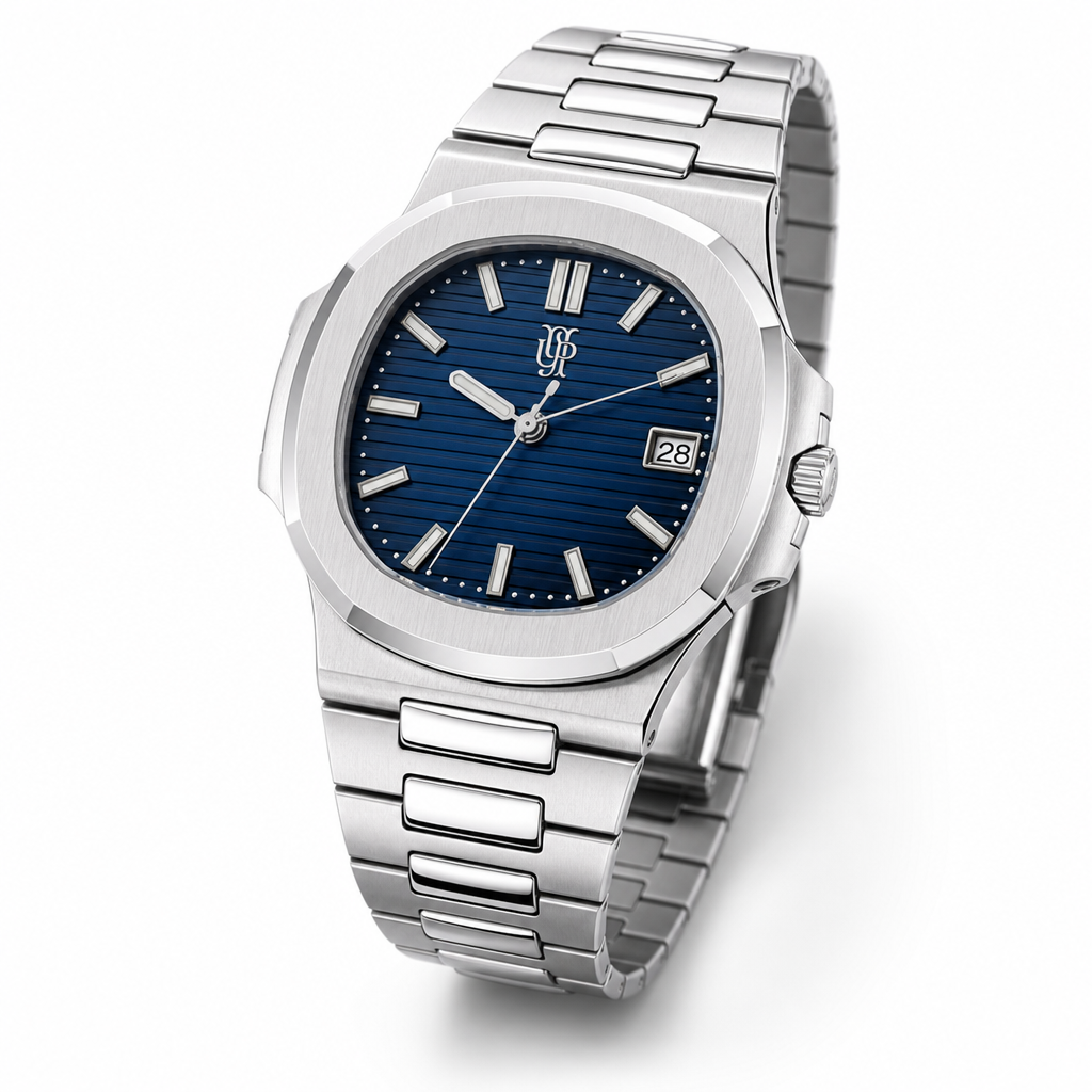 Nautora Silver Blue – ročno sestavljena ura, studijski posnetek