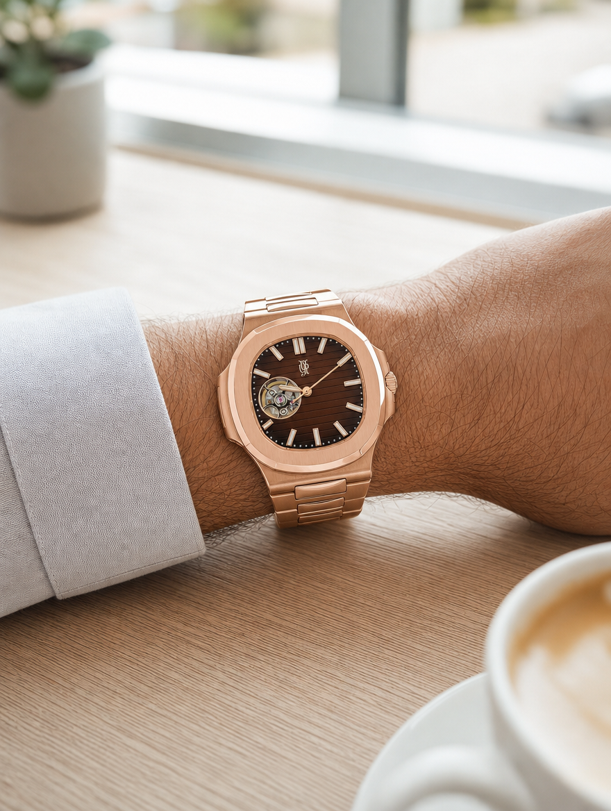 Nautora Rose Brown Open Heart – von Hand montierte Uhr, Gehäuse aus 316L-Edelstahl 40 mm