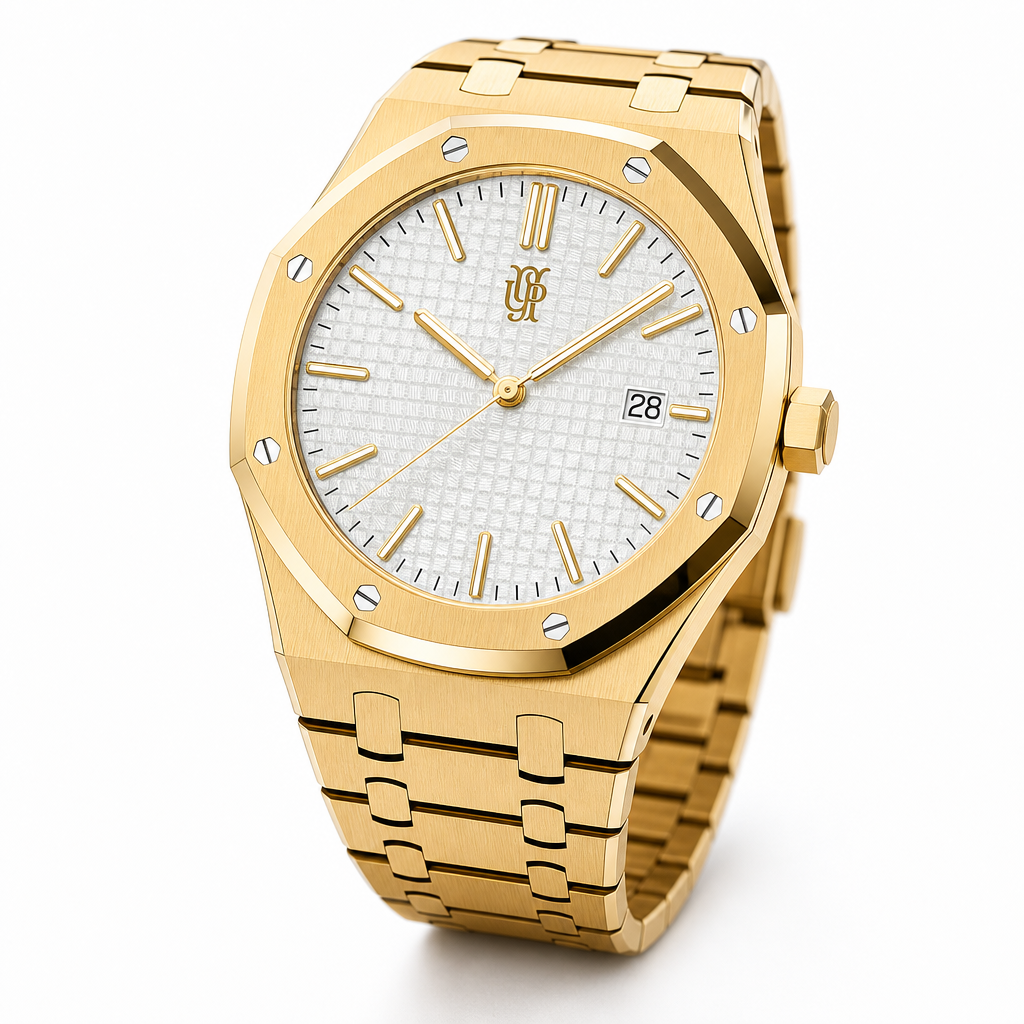 Royal Frame Gold White – ročno sestavljena ura, studijski posnetek