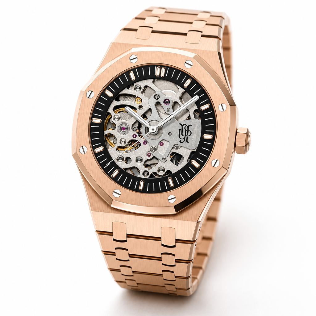 Royal Frame Skeleton Rose – ročno sestavljena skeletna ura, studijski posnetek