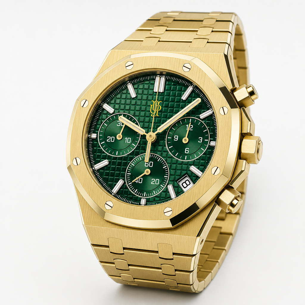 Royal Frame Chrono Green – ročno sestavljen kronograf, studijski posnetek